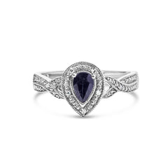 .925 Sterling Silver 6x4mm Pear Sapphire Gemstone with Diamond Accent Fashion Halo Ring (H-I Color, SI1-SI2 Clarity) - Size 7