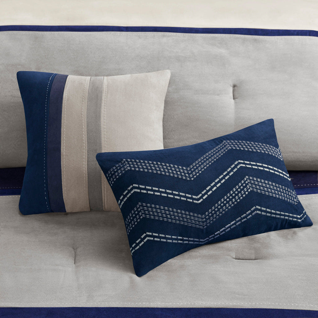 7 Piece Faux Suede Comforter Set Blue Queen