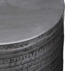 Johnsen 15 Inch Wide Tribal Pattern Metal Accent Table in Antique Silver