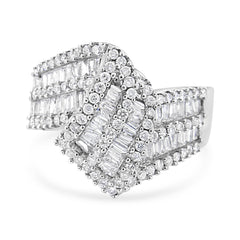 14K White Gold 1-1/2 Cttw Round and Baguette Diamond Bypass Cocktail Ring Band (H-I Color, SI1-SI2 Clarity) - Size 7