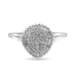 10K White Gold 1/2 Cttw Round & Baguette Cut Diamond Pear Shaped Domed PavÃ© Cluster with Halo Cocktail Ring (H-I Color, SI1-SI2 Clarity) - Size 5