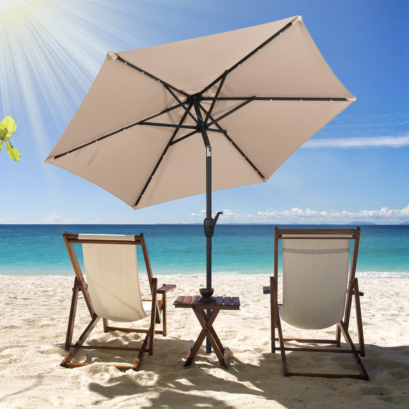 7.5 Feet Solar Powered Patio Umbrella with LED Lights and Crank Handle-Tan