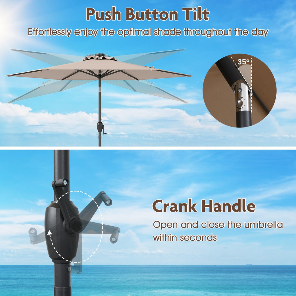 7.5 Feet Solar Powered Patio Umbrella with LED Lights and Crank Handle-Tan