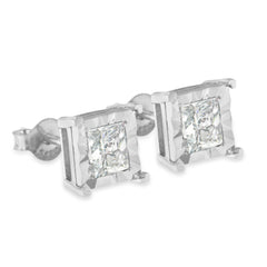 .925 Sterling Silver 1.0 Cttw Miracle Set Princess-cut Diamond Solitaire Stud Earrings (H-I Color, I2-I3 Clarity)