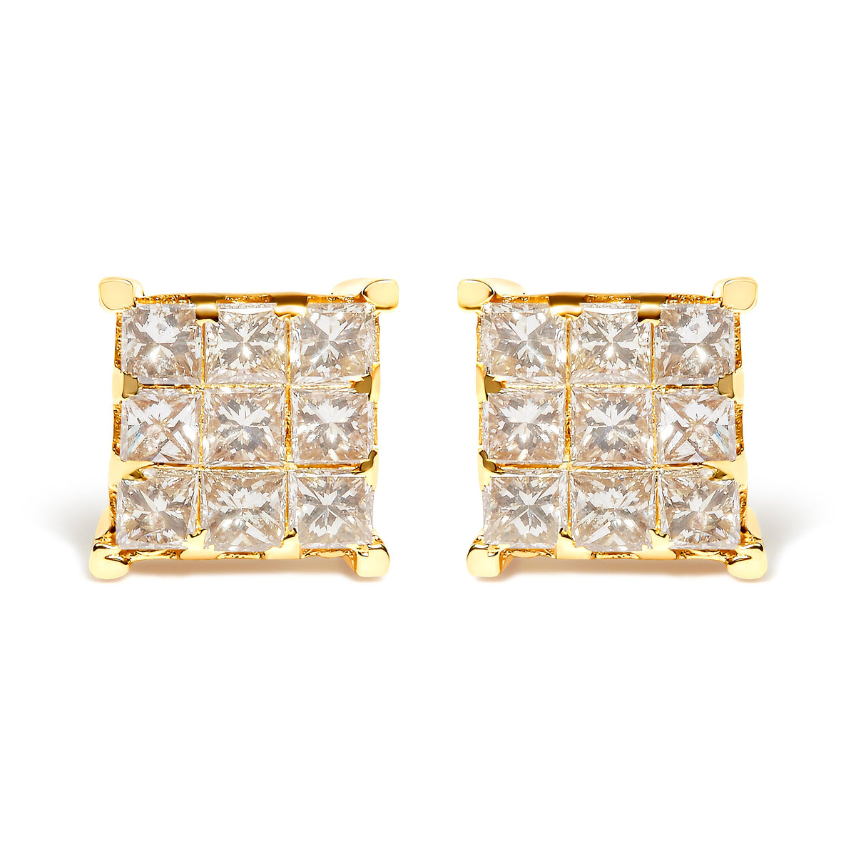 14K Yellow Gold 1 1/2 Cttw Invisible Set Princess-Cut Diamond 9 Stone Square Stud Earrings (J-K Color, SI2-I1 Clarity)