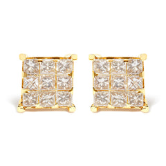 14K Yellow Gold 1 1/2 Cttw Invisible Set Princess-Cut Diamond 9 Stone Square Stud Earrings (J-K Color, SI2-I1 Clarity)