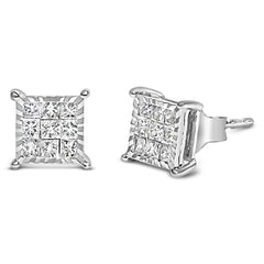 Sterling Silver 1/2 Cttw Princess Diamond Composite Square Stud Earrings