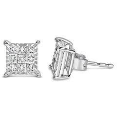 Sterling Silver 1/2 Cttw Princess Diamond Composite Square Stud Earrings