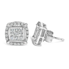 Sterling Silver 1/2 Cttw Princess Cut Diamond Composite and Halo Stud Earrings
