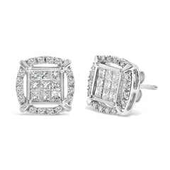 Sterling Silver 1 Cttw Princess Cut Diamond Square Halo Stud Earrings