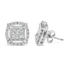 Sterling Silver 1 Cttw Princess Cut Diamond Square Halo Stud Earrings