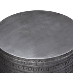 Johnsen 15 Inch Wide Tribal Pattern Metal Accent Table in Antique Silver