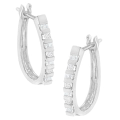 10K Yellow Gold Round and Baguette Cut Diamond Oblong Hinged Leverback Hoop Earrings (Â¼ Cttw, I-J Color, I2-I3 Clarity)