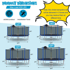 12/14/15/16 Feet Outdoor Recreational Trampoline with Enclosure Net-14 ft
