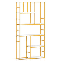 71 Inch Tall Bookshelf Metal Frame 5-Tier Geometric Bookcase-White & Golden