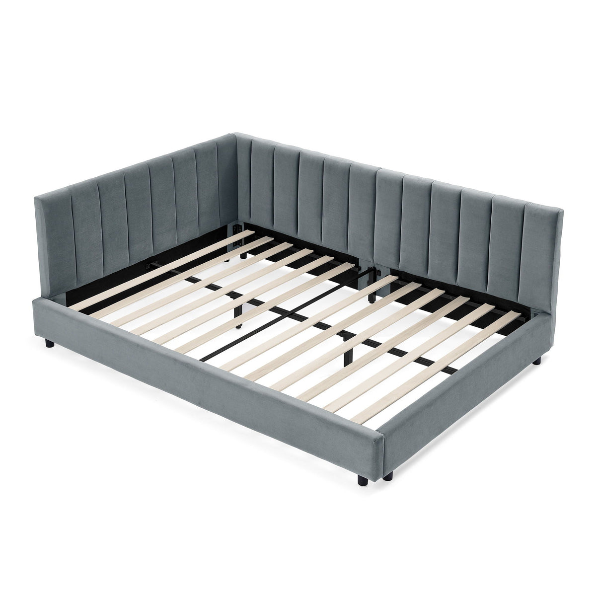 Mid-Century Upholstered Tufted Bed Frame With Backrest And Armrests
