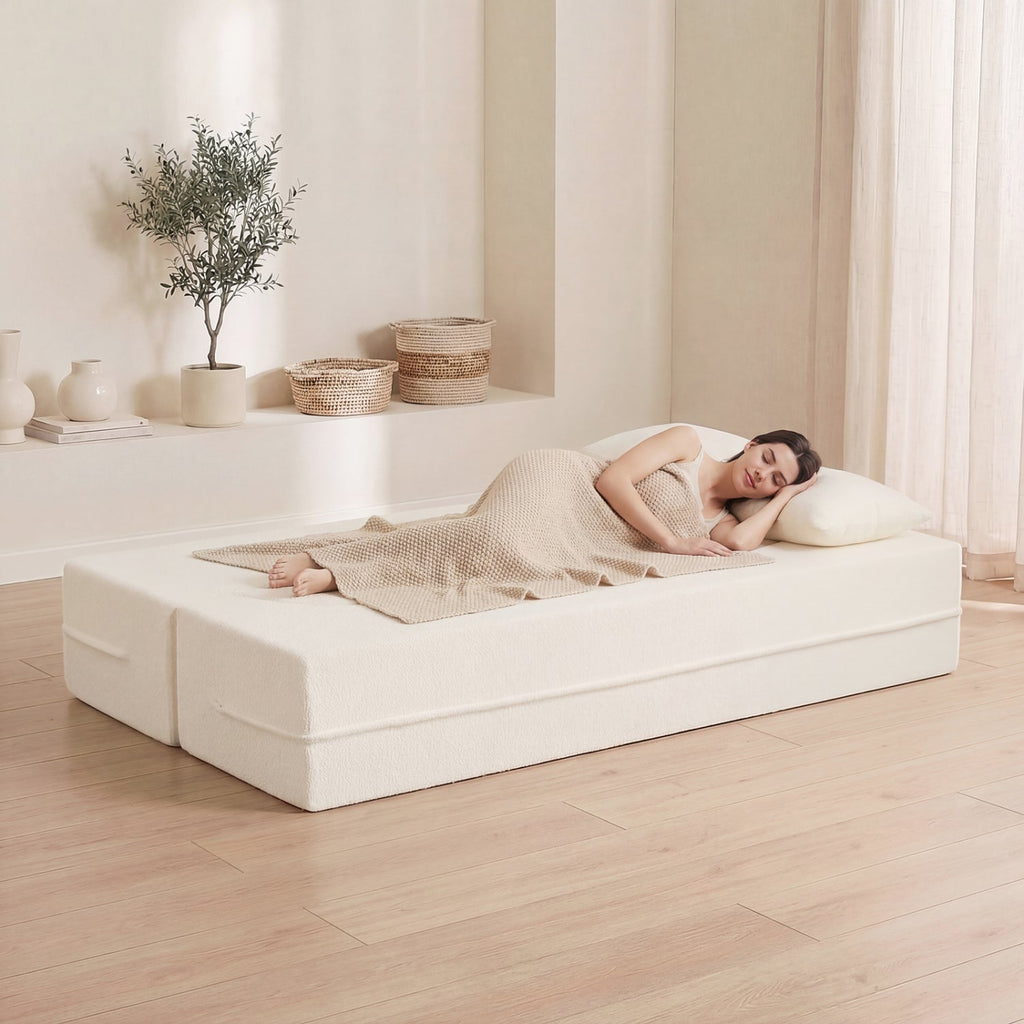 75.5 inch Folding Sofa Bed 2-in-1 Convertible Teddy Fleece Floor Loveseat with 2 Comfortable Pillows