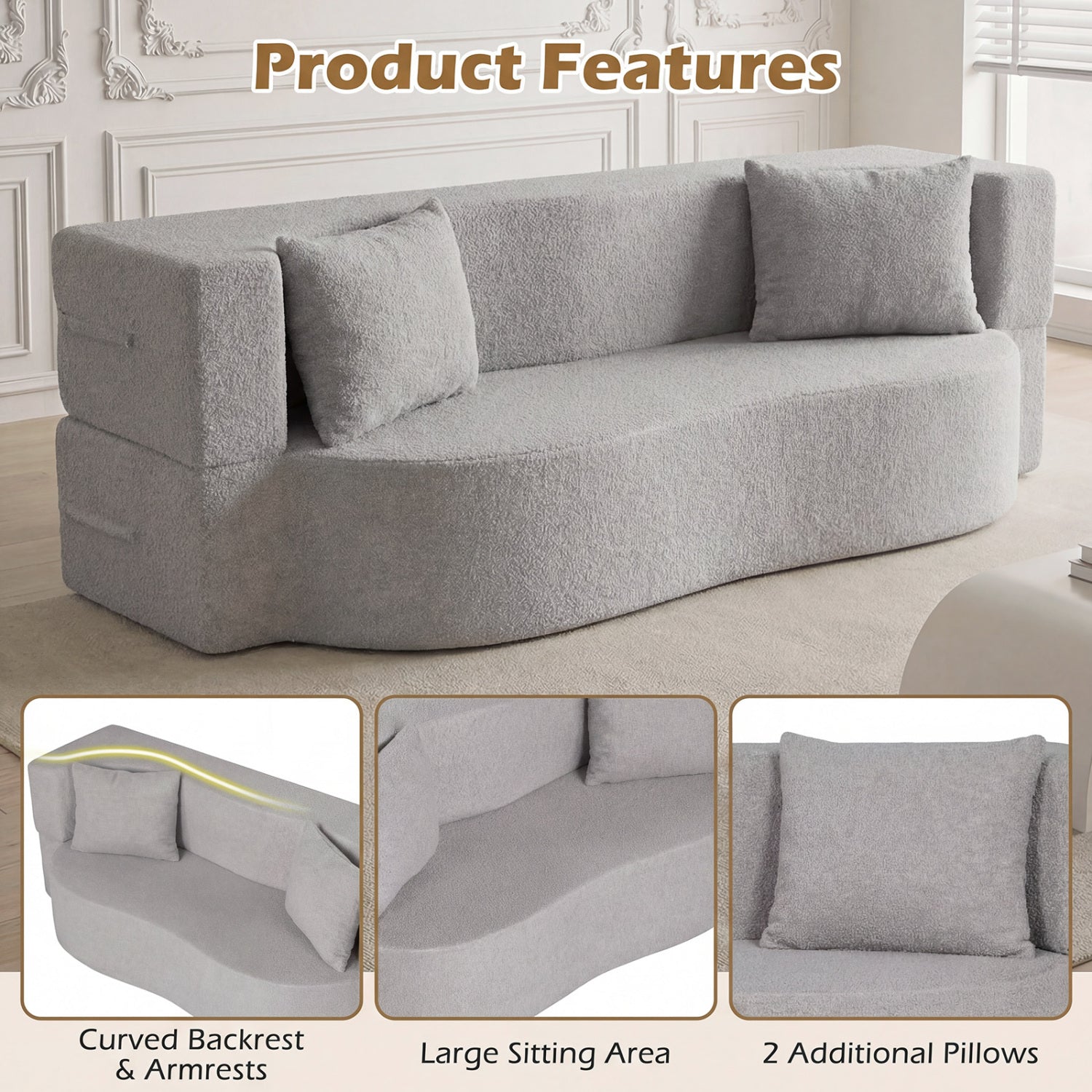 75.5 inch Folding Sofa Bed 2-in-1 Convertible Teddy Fleece Floor Loveseat with 2 Comfortable Pillows