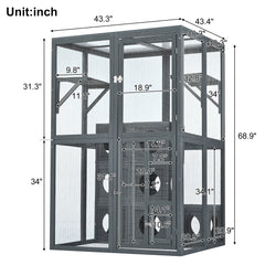 Grey Pine Wood Outdoor Cat House with Shelves and Weather Protection