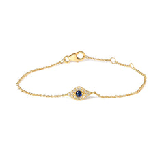 10K Yellow Gold Blue Sapphire and Diamond Accent Evil Eye Station Link Bracelet  (H-I Color, I1-I2 Clarity) - Size 7"
