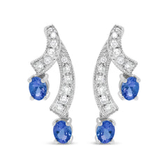 14K White Gold 4x3MM Oval Shaped Natural Blue Tanzanite Gemstone and 1/5 Cttw Diamond Double 3/4" Inch Drop Stud Earrings (H-I Color, VS1-VS2 Clarity)