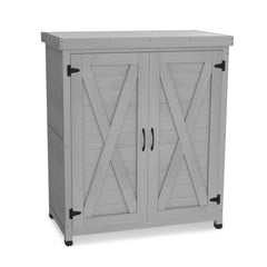 Rustic Cedar Wood Potting Bench With Storage Cabinet And Metal Top For Outdoor Patio - Gray