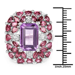 7.59 Carat Genuine Pink Amethyst, Rhodolite and White Topaz .925 Sterling Silver Ring