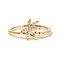 10K Yellow Gold 1/10 Cttw Diamond  Palm Tree Statement Ring (H-I Color, I1-I2 Clarity) - Ring Size 7