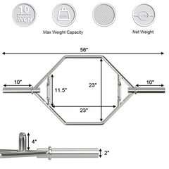 56 Inch Olympic Hexagon Deadlift Trap Bar with Folding Grips Powerlifting-Sliver