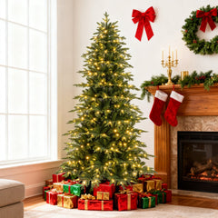 7.5 Feet Pre-Lit Artificial Christmas Tree Hinged Xmas Tree with LED Lights