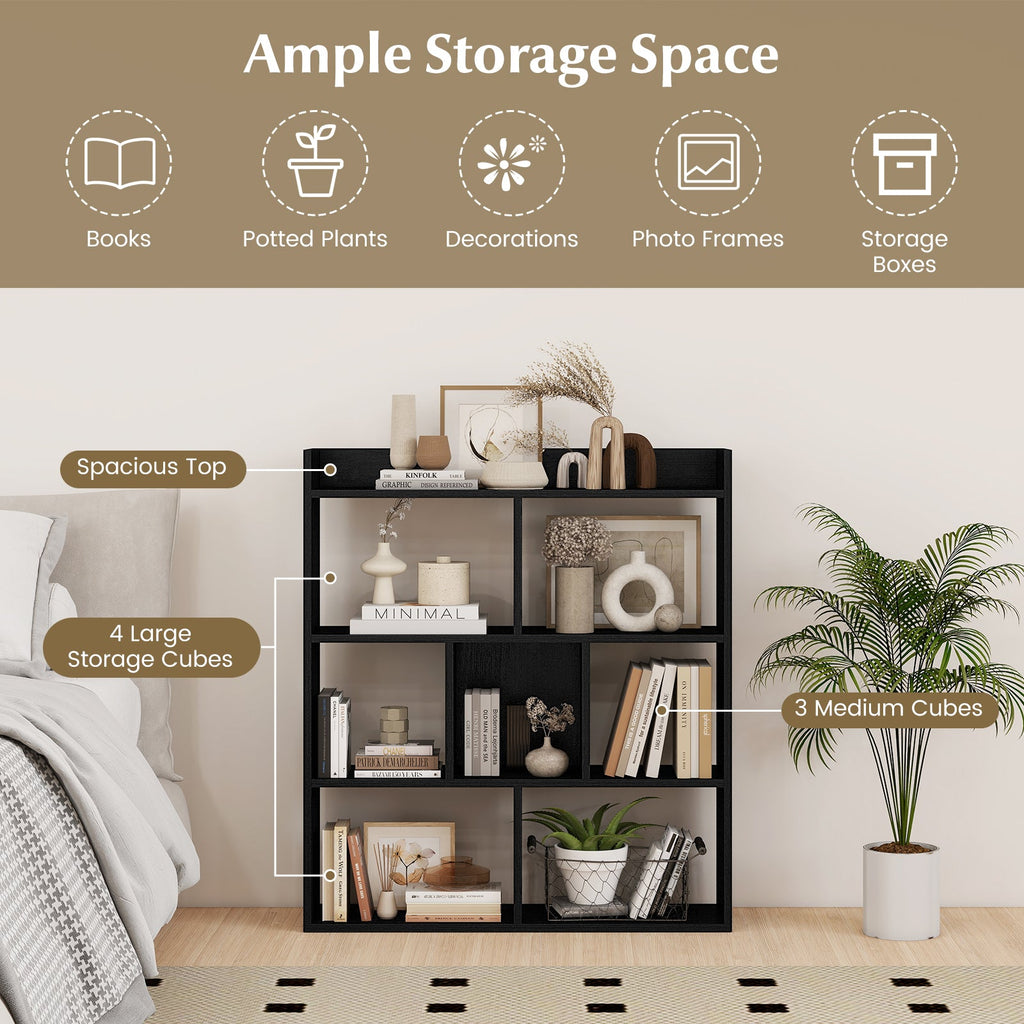 7 Cubes Open-back Bookshelf with Anti-Toppling Devices-Black