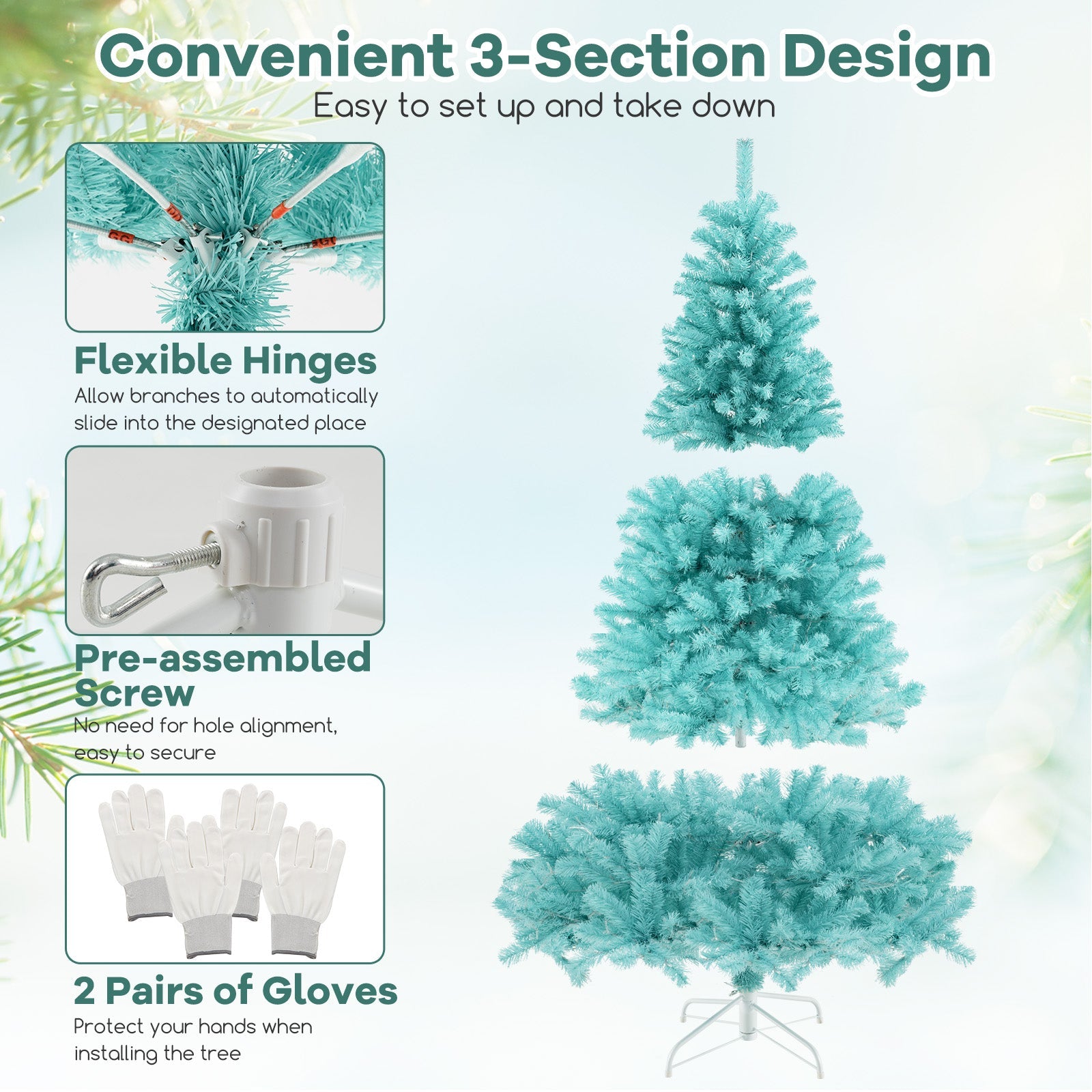 6/7 FT Blue Artificial Christmas Tree with 280/380 Warm White LED Lights and Foldable Metal Stand-7 ft
