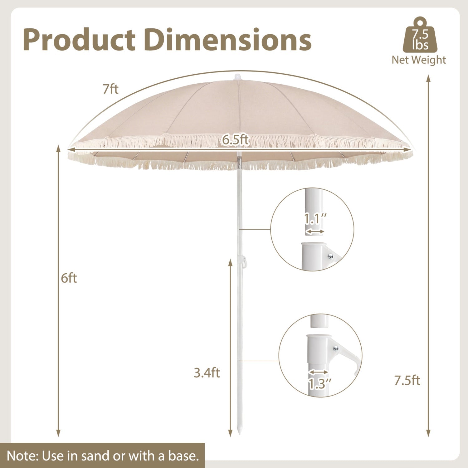 7 FT Patio Umbrella with Fringe Boho Tassel Umbrella for Outdoor Beach Garden Poolside
