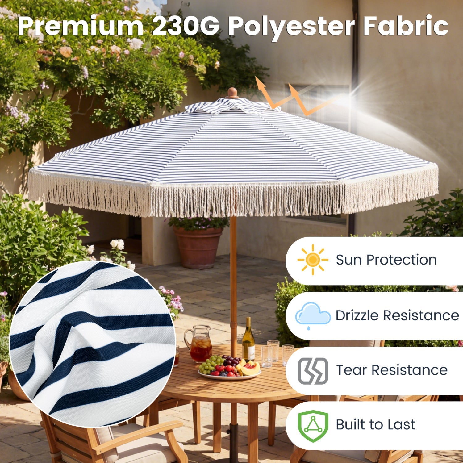 7 Feet Patio Umbrella with Fringe Sun-Protective Beach Umbrella with Boho Tassel