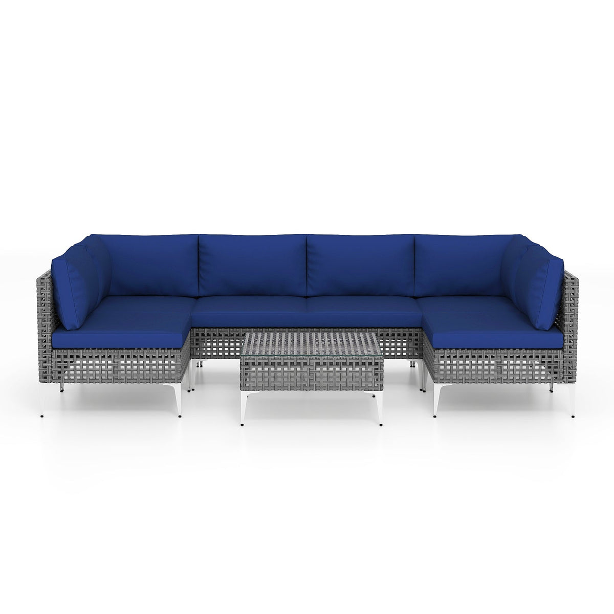 7 Piece Outdoor Furniture Set Wicker Chairs with Tempered Glass Coffee Table-Navy