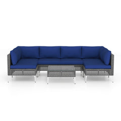 7 Piece Outdoor Furniture Set Wicker Chairs with Tempered Glass Coffee Table-Navy