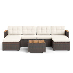 7 Pieces Wicker Conversation Set with Wood Armrests for Backyard-White