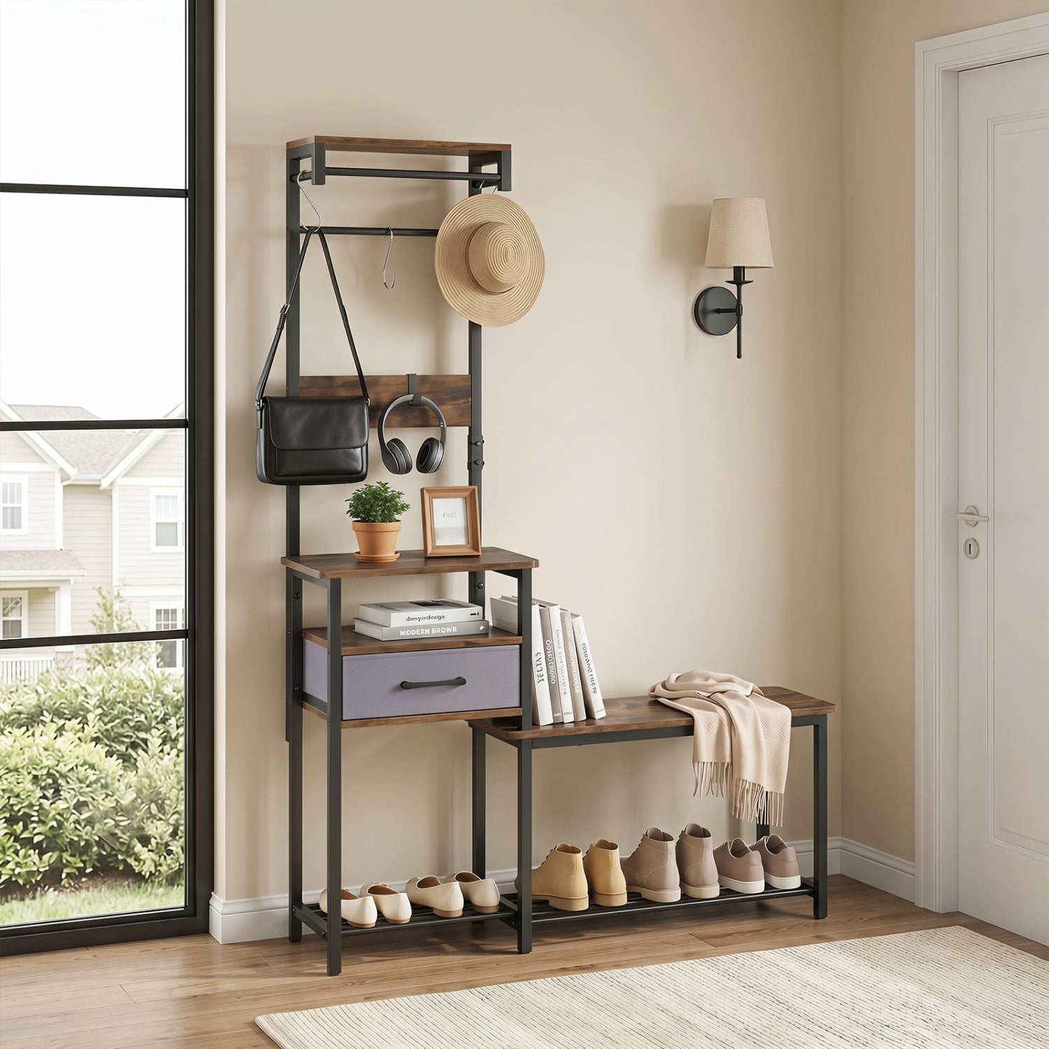 Hall Tree with Shoe Bench and Storage Hooks - Rustic Brown