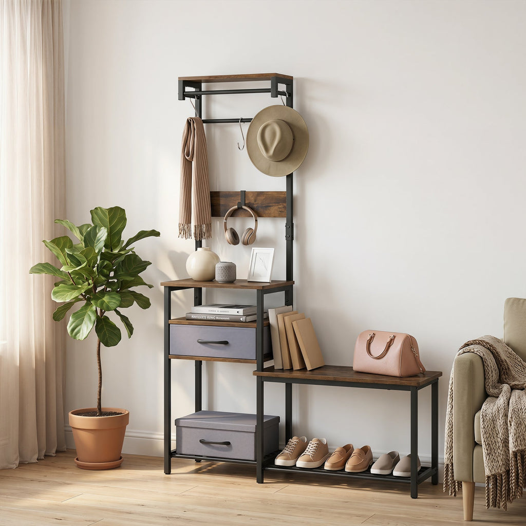Hall Tree with Shoe Bench and Storage Hooks - Rustic Brown