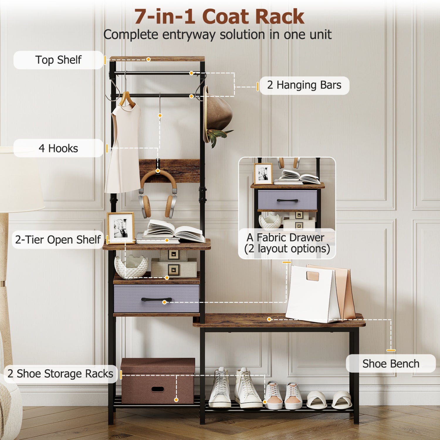 Hall Tree with Shoe Bench and Storage Hooks - Rustic Brown
