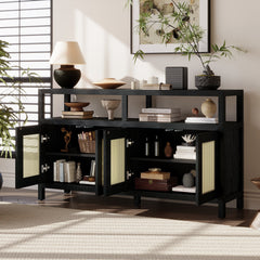 TREXM Bohemian Style Rattan Buffet Storage Cabinet with Solid Wood Frame
