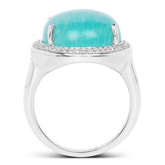 15.09 Carat Genuine Amazanite And White Topaz .925 Sterling Silver Ring