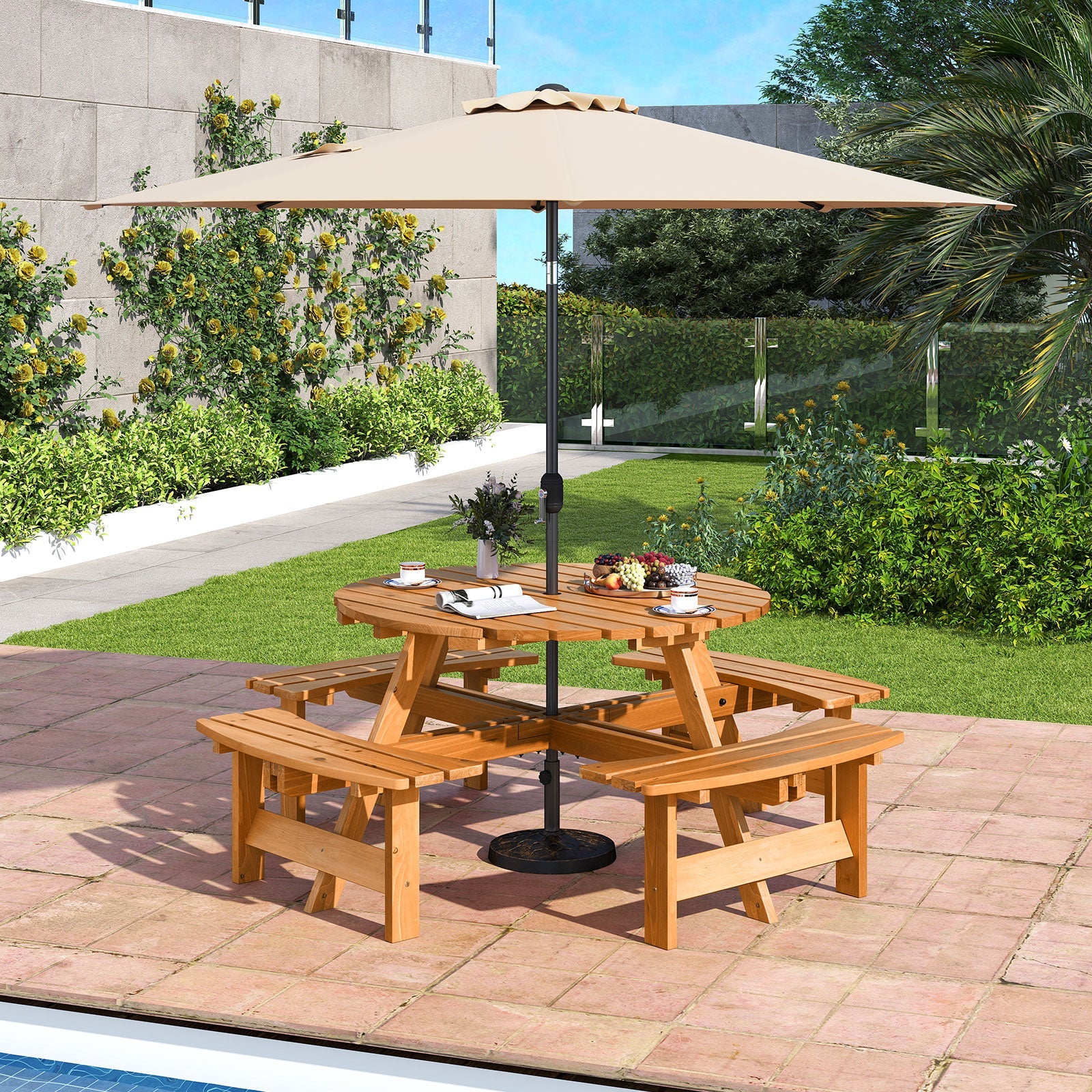 8-Person Round Picnic Table Set Circular Patio Dining Camping Table with Benches-Yellow