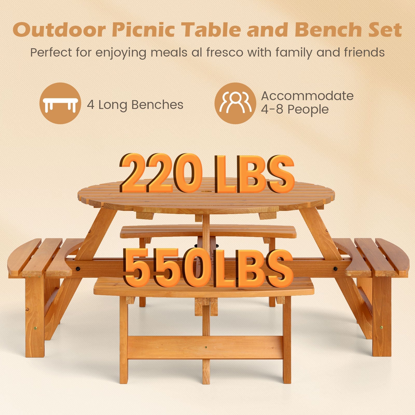 8-Person Round Picnic Table Set Circular Patio Dining Camping Table with Benches-Yellow