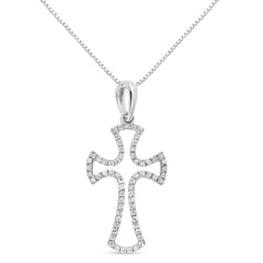 .925 Sterling Silver 1/3 Cttw Diamond Framed Open Cross 18" Pendant Necklace (J-K Color, I2-I3 Clarity)