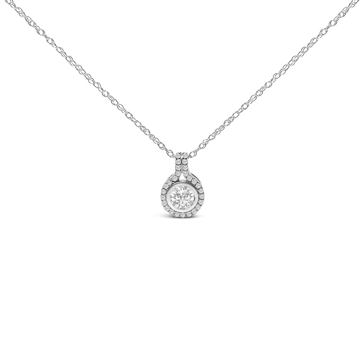Sterling Silver 3/4 Cttw Lab Grown Diamond Halo Pendant Necklace