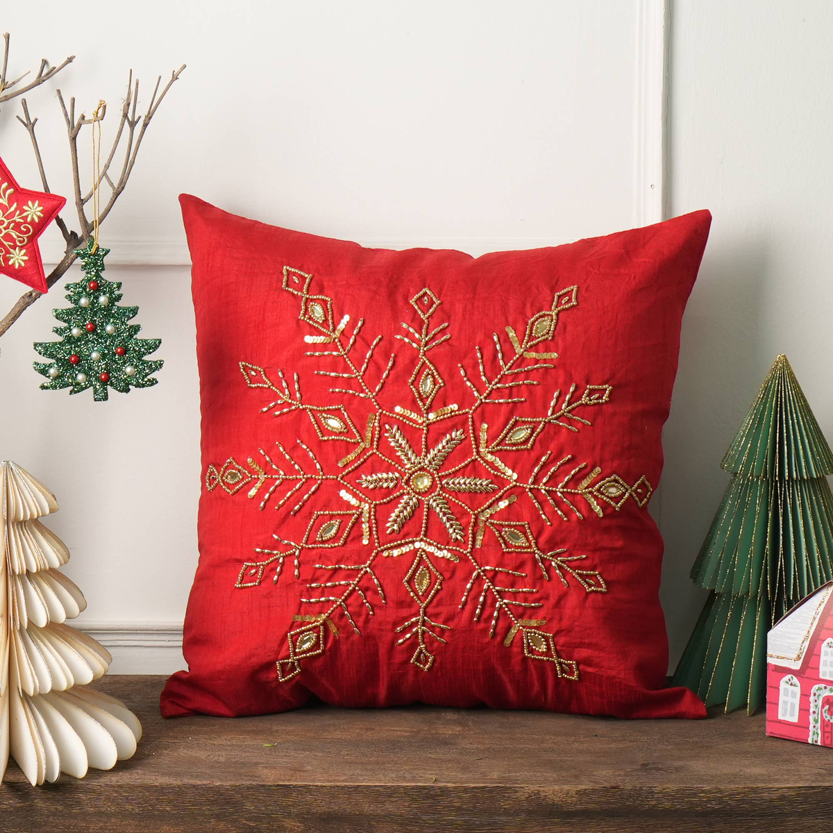 Handcrafted Snowflake Embroidered Cotton Pillow