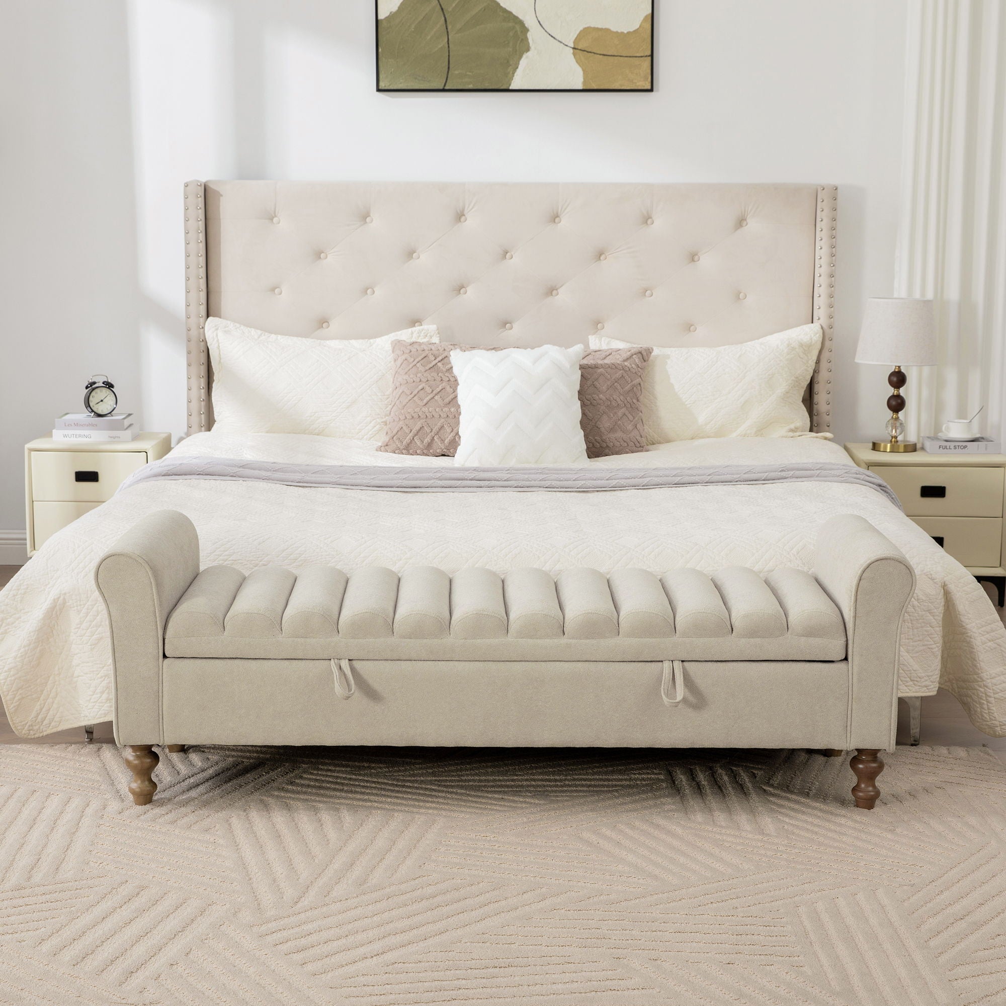 Wide Upholstered Storage Bench With Rolled Armrest Griege