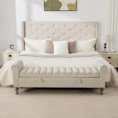 Wide Upholstered Storage Bench With Rolled Armrest Griege