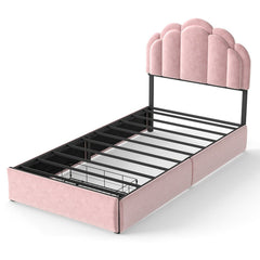 Twin Petal Platform Bed With RGB LED Lights & Storage Drawers, - Pink